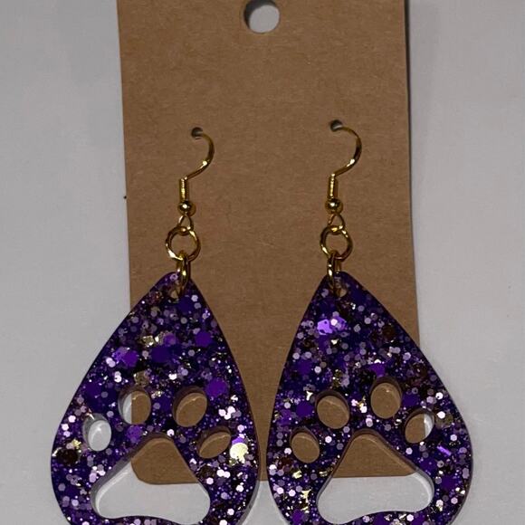 Handmade epoxy resin dangle paw print earrings - purple and gold glitter - Picture 3 of 3